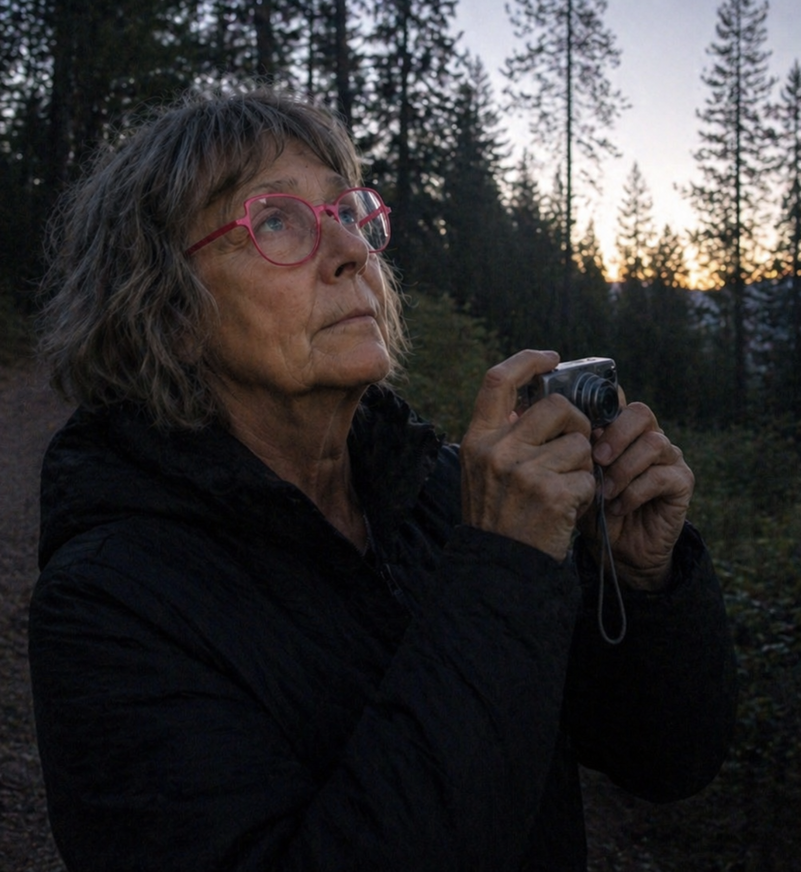 Biggi Hofmann in a forest at first light holding a camera and looking up
