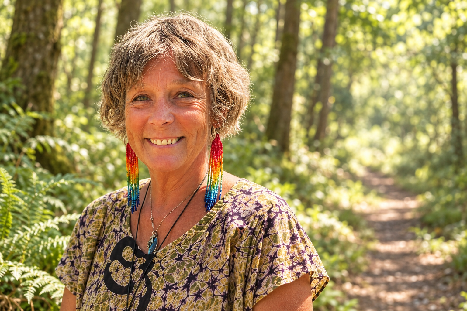 Biggi Hofmann smiling in a woodland setting, an edited author portrait